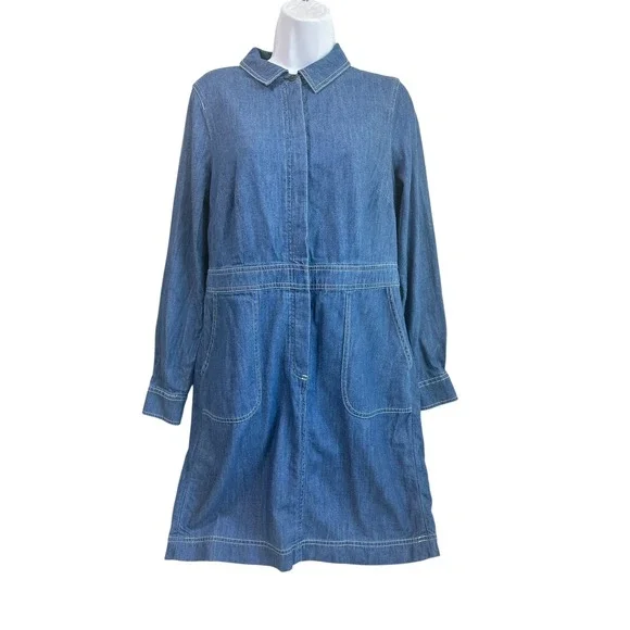 Boden Denim Shirt Dress Blue Cotton Long Sleeve Minimalist Preppy Size 8R Casual - Picture 2 of 14